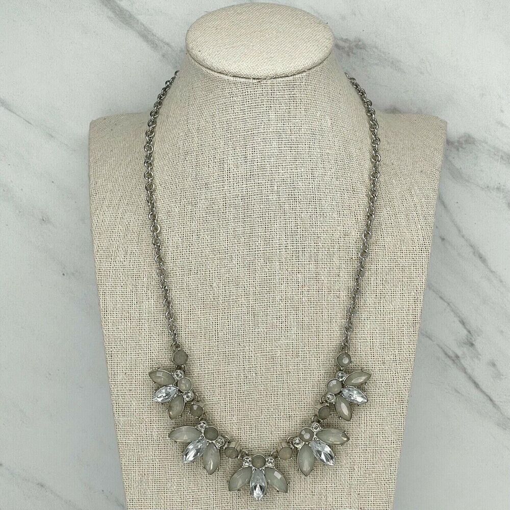 Silver Tone Rhinestone Bib Chain Link Necklace